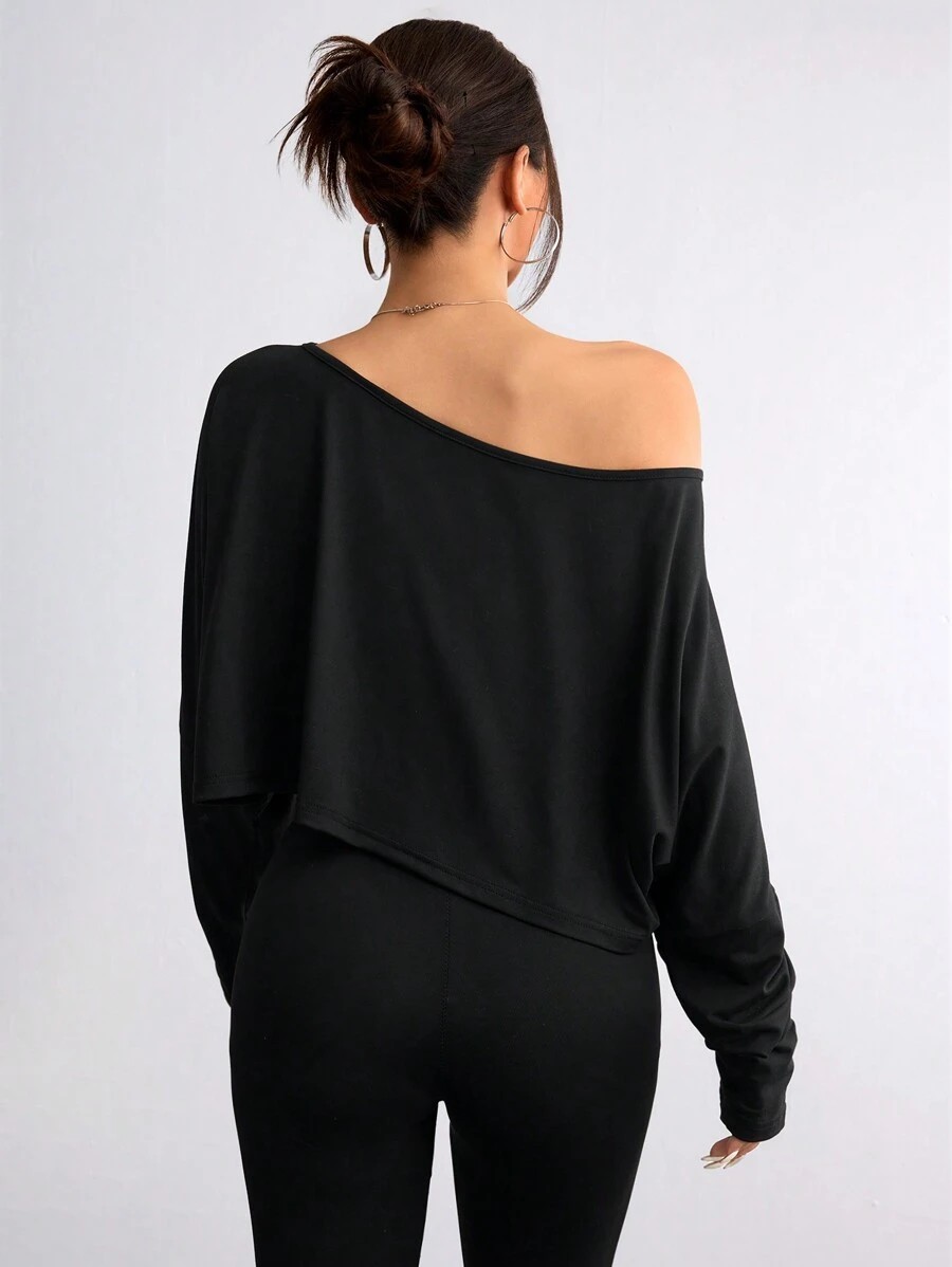 Chemisier noir à manches longues pour femmes, T-shirt décontracté, col asymétrique, haut sans bretelles pour le sport