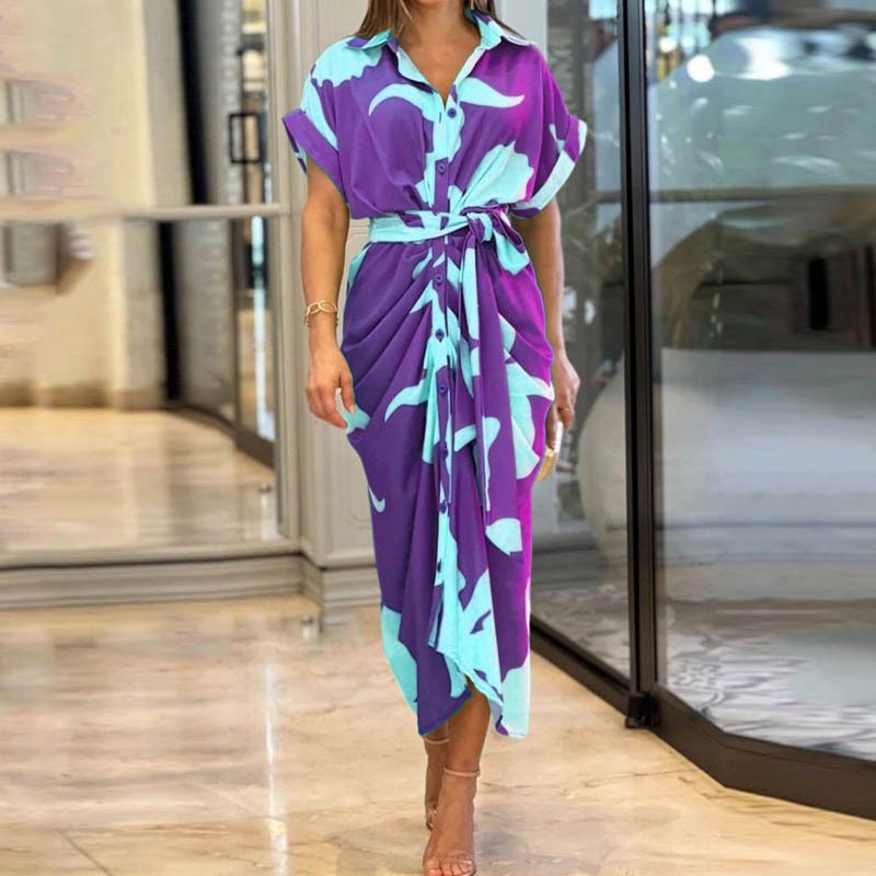 Robes Élégantes pour Femme 2026 – Robe Imprimée Irrégulière à Col Revers et Lacets, Coupe Slim Contrastante, Idéale pour le Travail et les Occasions Spéciales