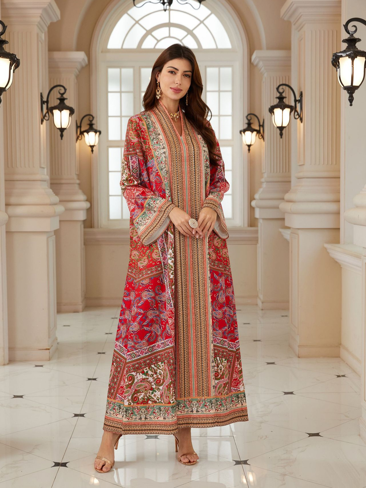 Abaya Eid Ramadan pour femmes, imprimé paisley, strass, kaftan à manches longues, taille haute, coupe ample, robe longue de fête musulmane de style Dubaï marocain