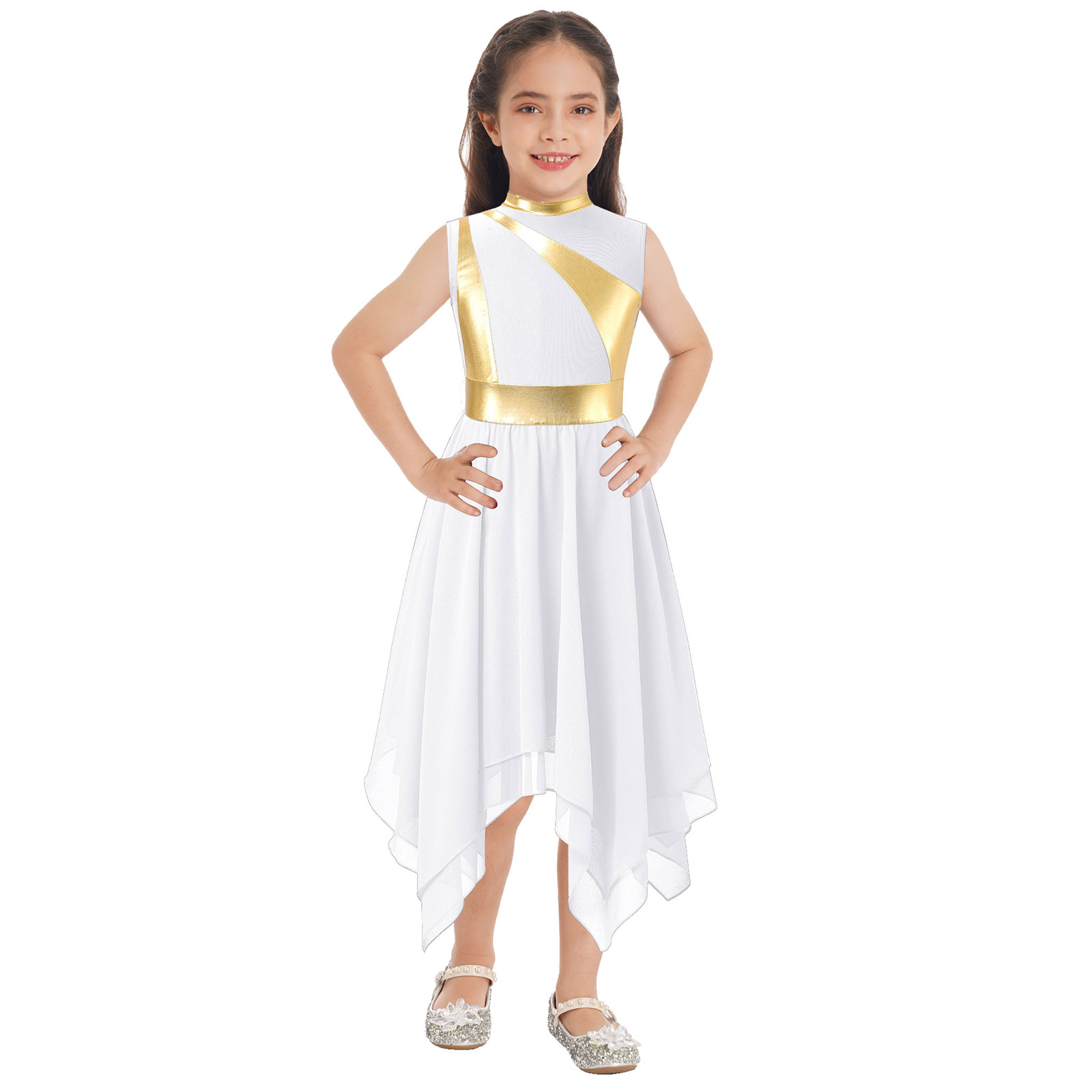 Tenue de danse lyrique moderne pour enfants filles, robe de culte de chorale d'église, robe métallique sans manches avec pantalon à jambes larges