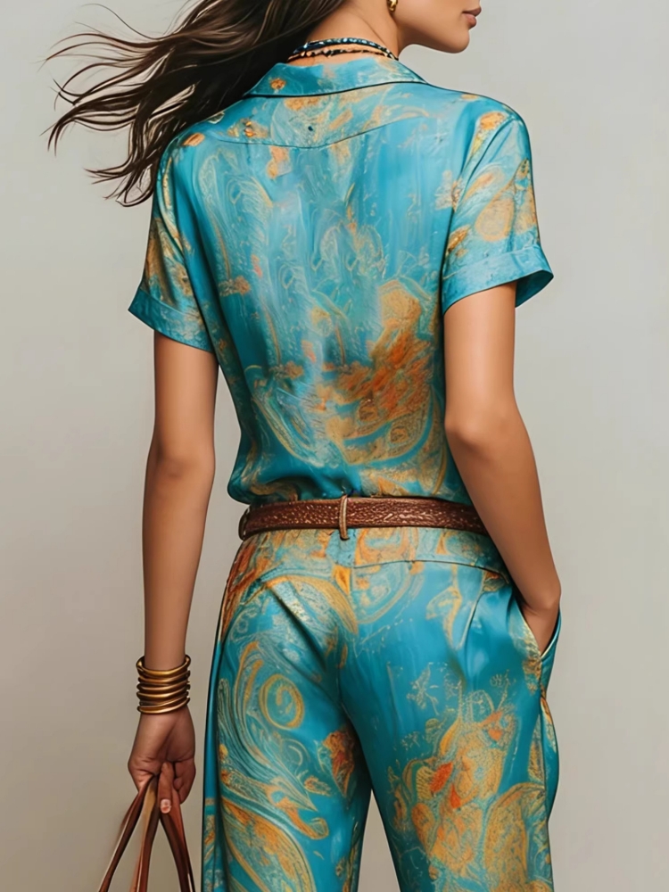 Ensemble deux pièces bohème pour femme, imprimé cachemire, haut à manches courtes col en V, pantalon large, tenue décontractée pour les vacances