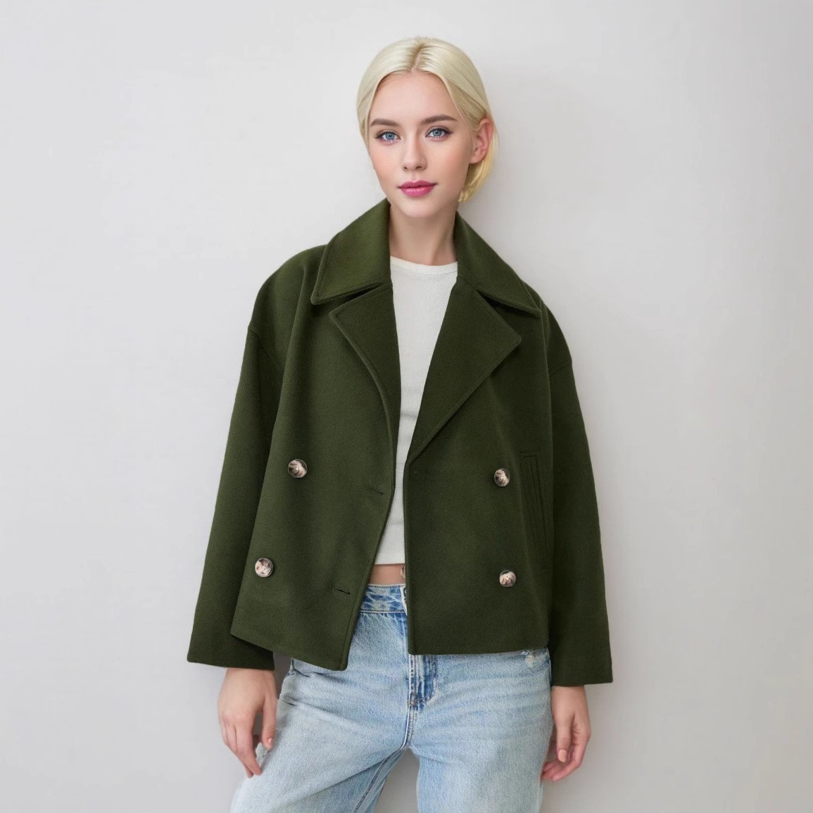 Femmes laine manteaux élégant manteau court Double boutonnage à manches longues vestes mélanges solide poches décontractées veste bureau dame automne