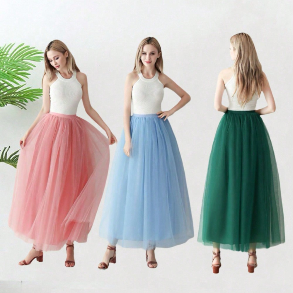 Jupe Tutu longue en Tulle de couleur unie pour femmes, taille haute, maille 4 couches + doublure 1 couche, adaptée au Cosplay, aux spectacles sur scène
