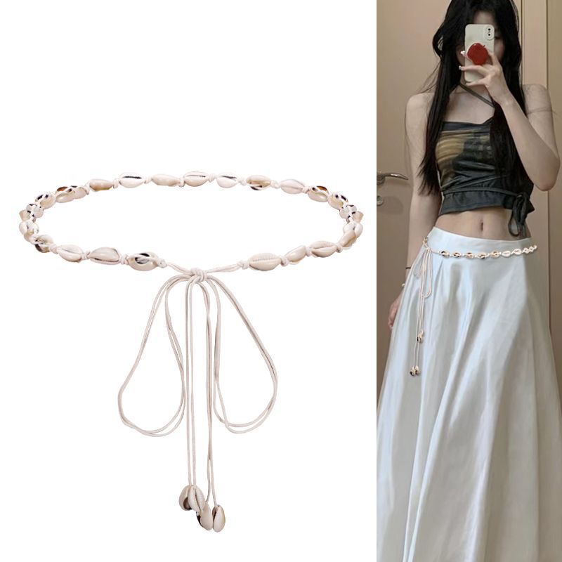 Ceinture fine en coquillage blanc pour femme, style ethnique bohème, ULtissée, sangles décoratives pour robe de dame, accessoire d'été