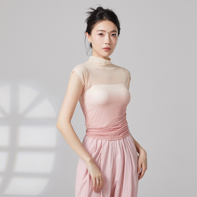 Haut en gaze sans manches pour femmes, maille transparente dégradée, chemise sexy, col haut, tenue de ballet classique moderne, vêtements d'entraînement, nouveau