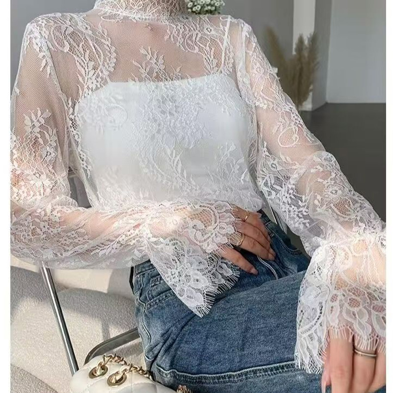 Femmes dentelle broderie florale Blouses chemise femme hauts blancs Sexy maille Blouses Transparent élégant Transparent noir Blouse chemise