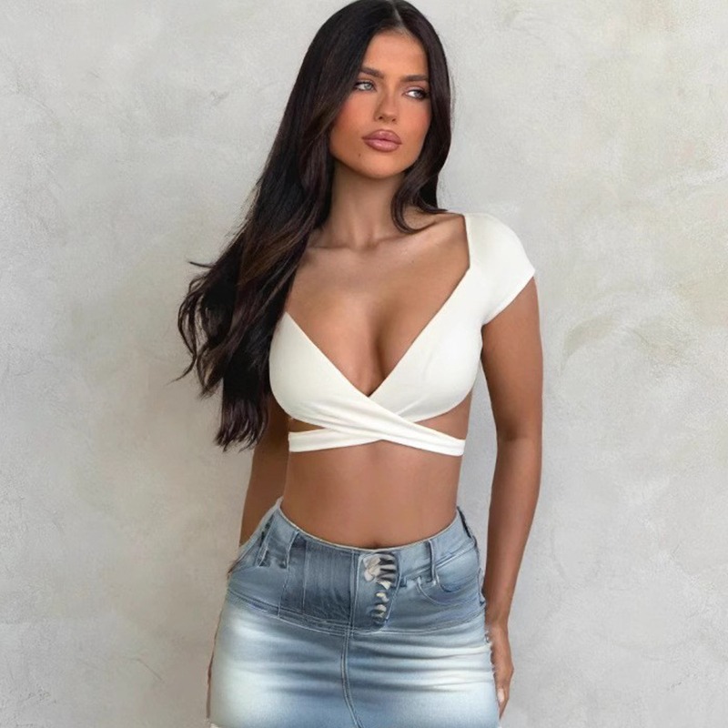 T-Shirt d'été Sexy pour femmes, col en V, taille haute, Push-Up, haut court, mélange extensible, tenue de Club quotidienne, plage, élégant, coupe courbe