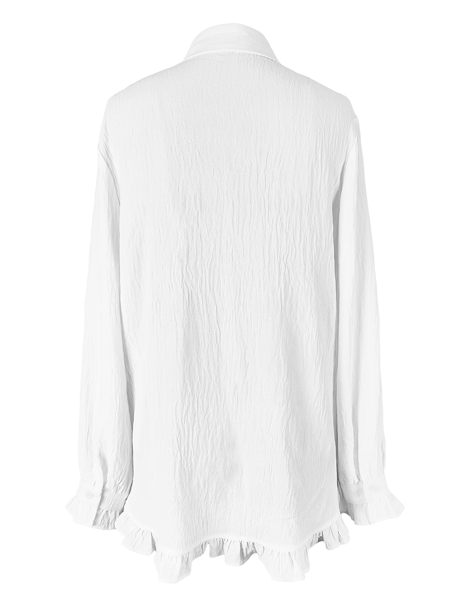 Chemisier blanc élégant à volants pour femmes, chemise à manches longues boutonnée, hauts amples décontractés vintage, vêtements décontractés pour femmes printemps automne
