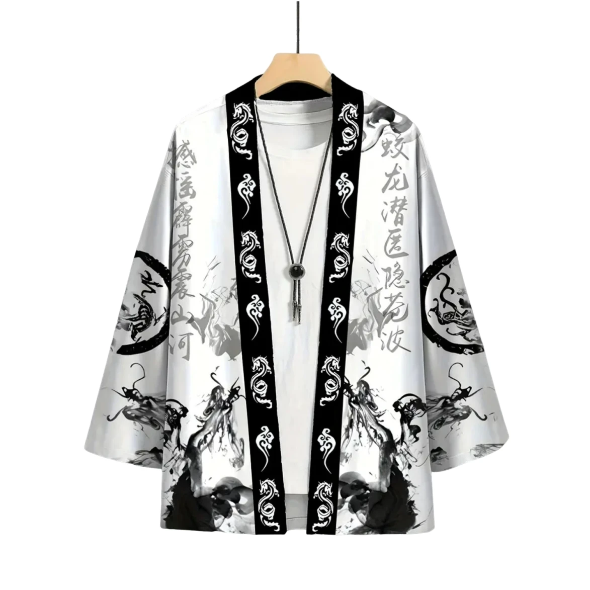 Kimono Cardigan Imprimé Dragon Japonais Homme Femme, Veste Haori Harajuku, Yukata Peinture à l'Encre Chinoise, Ample et Ouvert sur le Devant, Style Streetwear