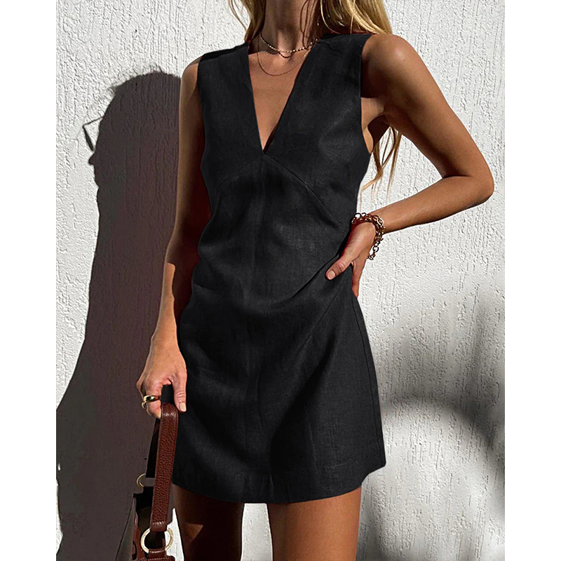 Robes en coton et lin pour femmes, Sexy, col en v, sans manches, débardeur basique, Chic, élégante, robes pour dames, vente d'été