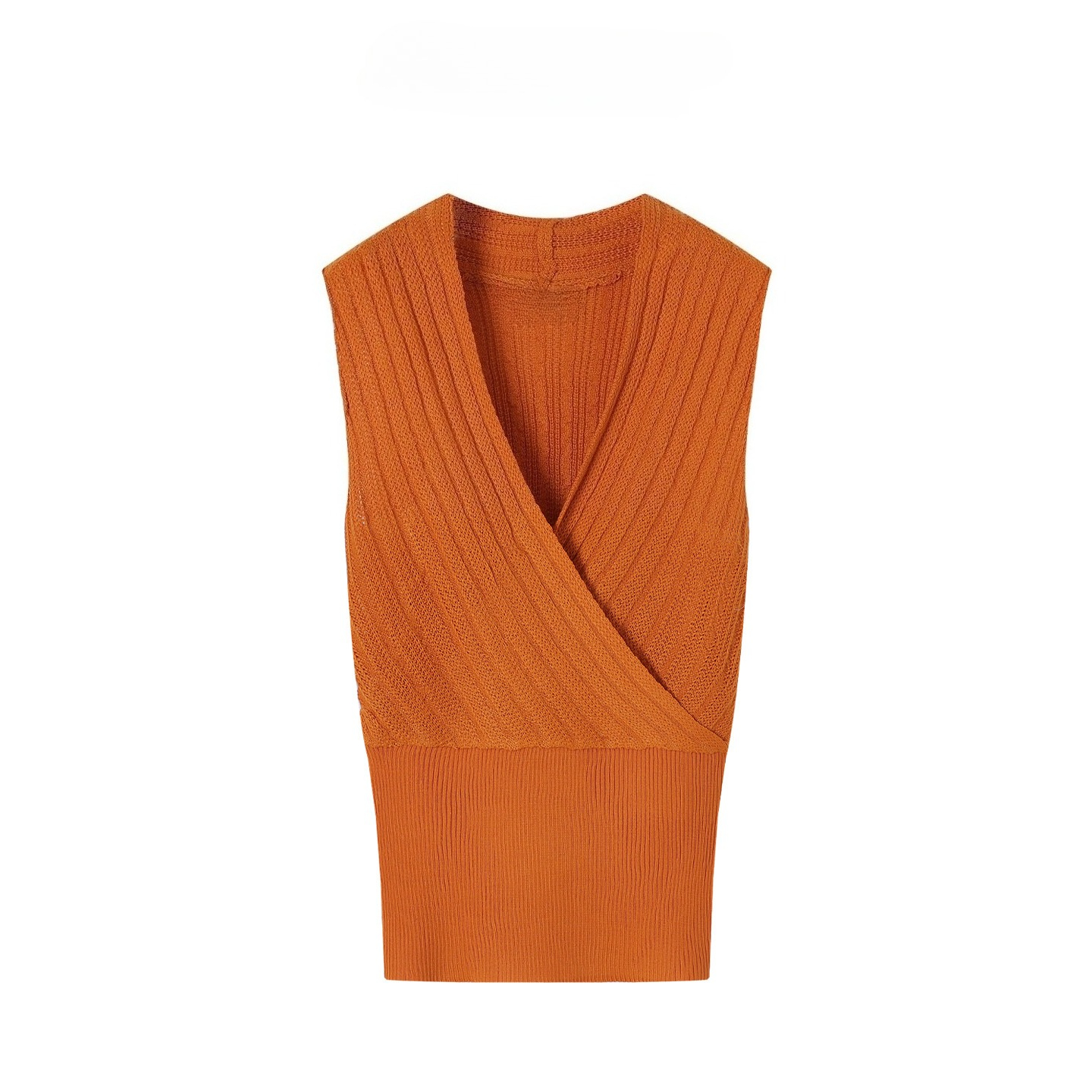 Gilet pull sans manches en maille côtelée pour femme, col en V, style cache-cœur, haut d'été