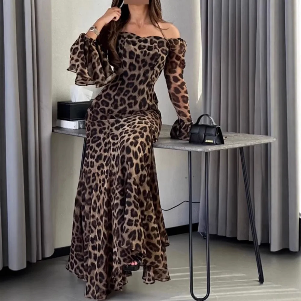 Robe longue à imprimé léopard pour femmes, épaules dénudées, une ligne, présidence, manches longues, sexy, éducative, nouvelle mode, automne et hiver