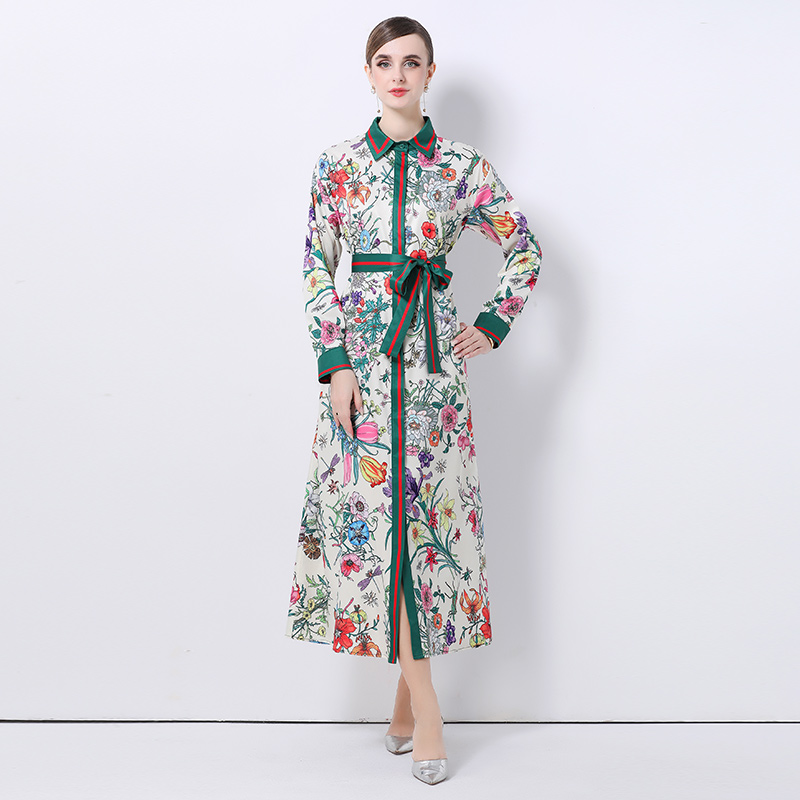 Robe chemise à manches longues pour femmes, col rabattu, simple boutonnage, imprimé Floral, à lacets, ample, vacances, Maxi, printemps