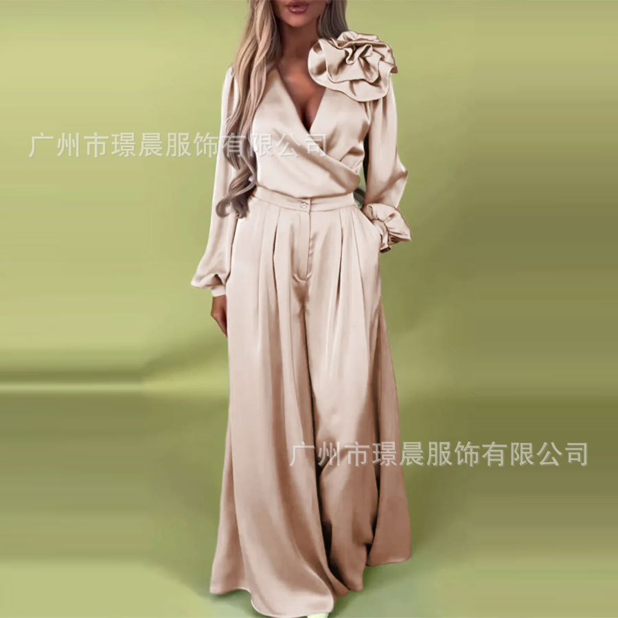 Mode 2 pièces ensemble femmes tenue 2025 Apring été décontracté à manches longues col en v Blouse et jambe large pantalon ensembles femme