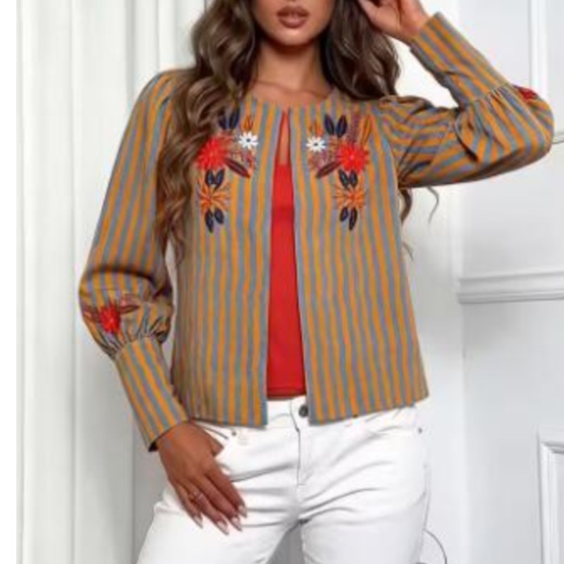 Vestes pour femmes, automne, nouvelle collection, rayées, fleurs brodées, col rond, manches longues, manteaux tendance, vêtements décontractés pour femmes, haut chic
