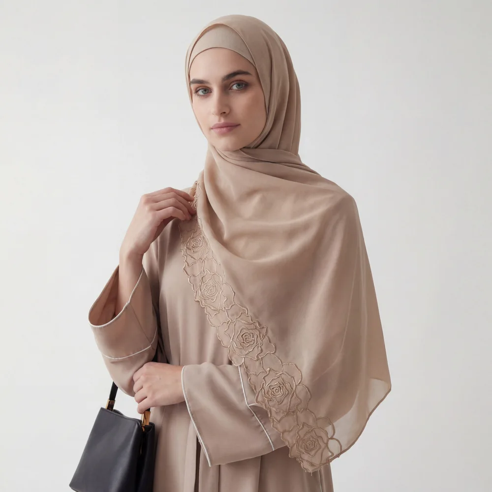 Hijab en mousseline brodé de roses pour femme musulmane, châle long, écharpe longue, turban islamique, foulard de mariage