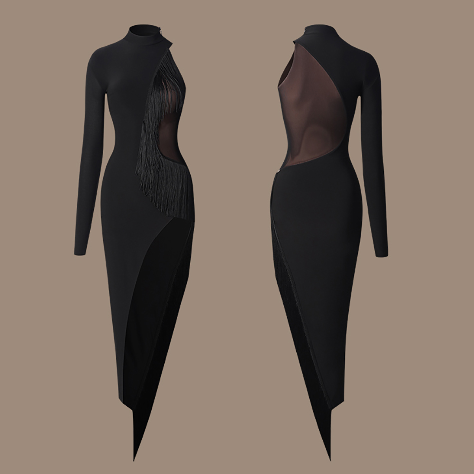 Robe d'entraînement de danse latine pour femmes, Design à fente haute, frange, vêtements de danse pour spectacle sur scène, Cha Cha Samba Rumba, Costumes 25076