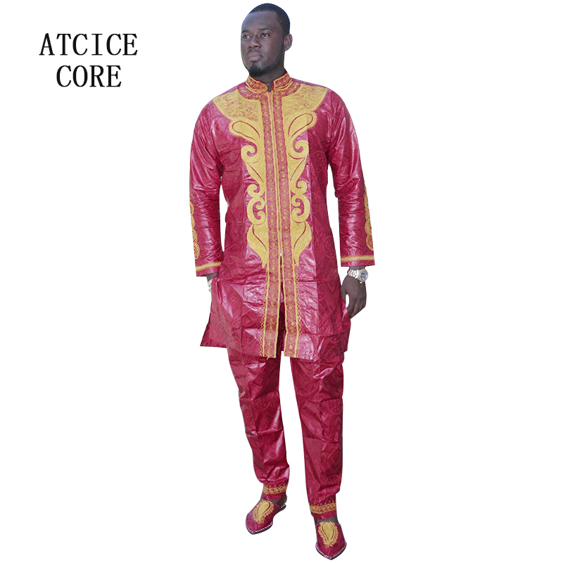 Vêtements africains pour hommes, ensemble traditionnel Bazin Riche brodé, haut à manches longues, 3 pièces