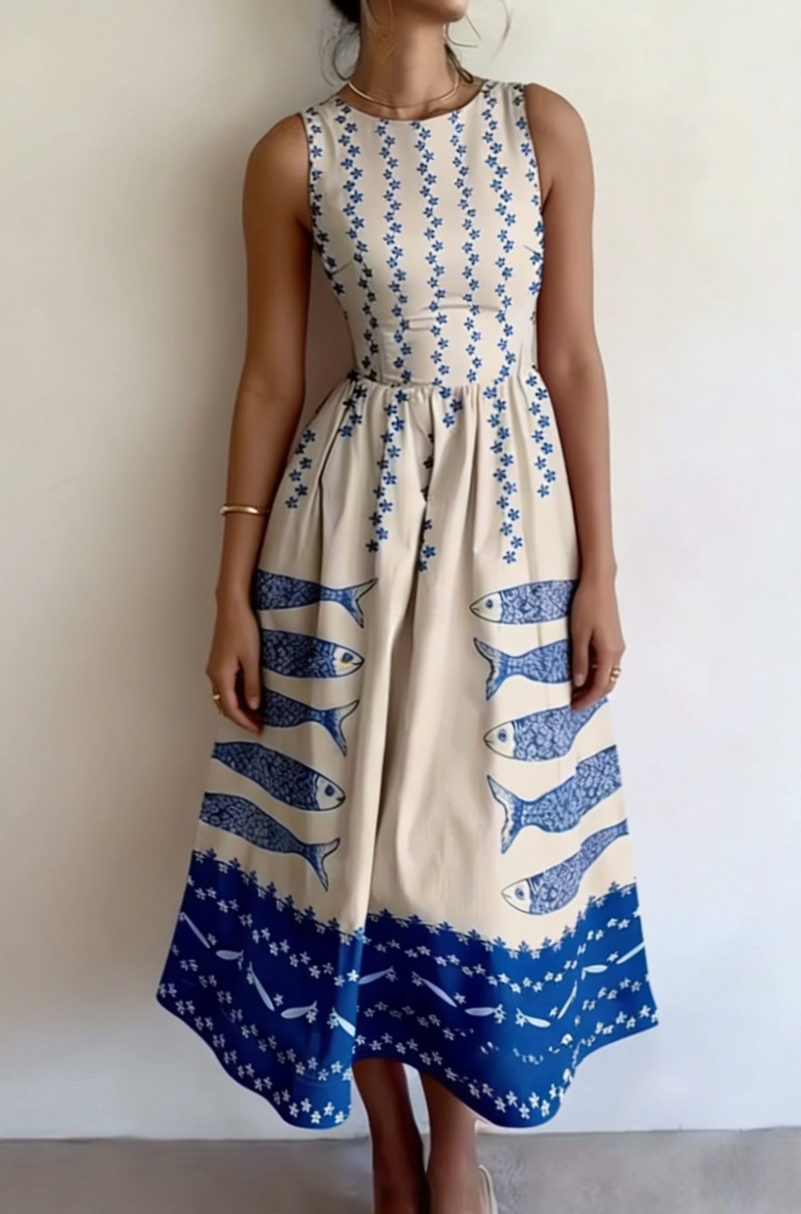 Nouvelle robe d'été pour femme, motif poisson, bleu et blanc, col rond, sans manches, coupe évasée cintrée à la taille, style décontracté de villégiature, idéale pour les vacances à la plage, le quotidien, les fêtes et les sorties estivales