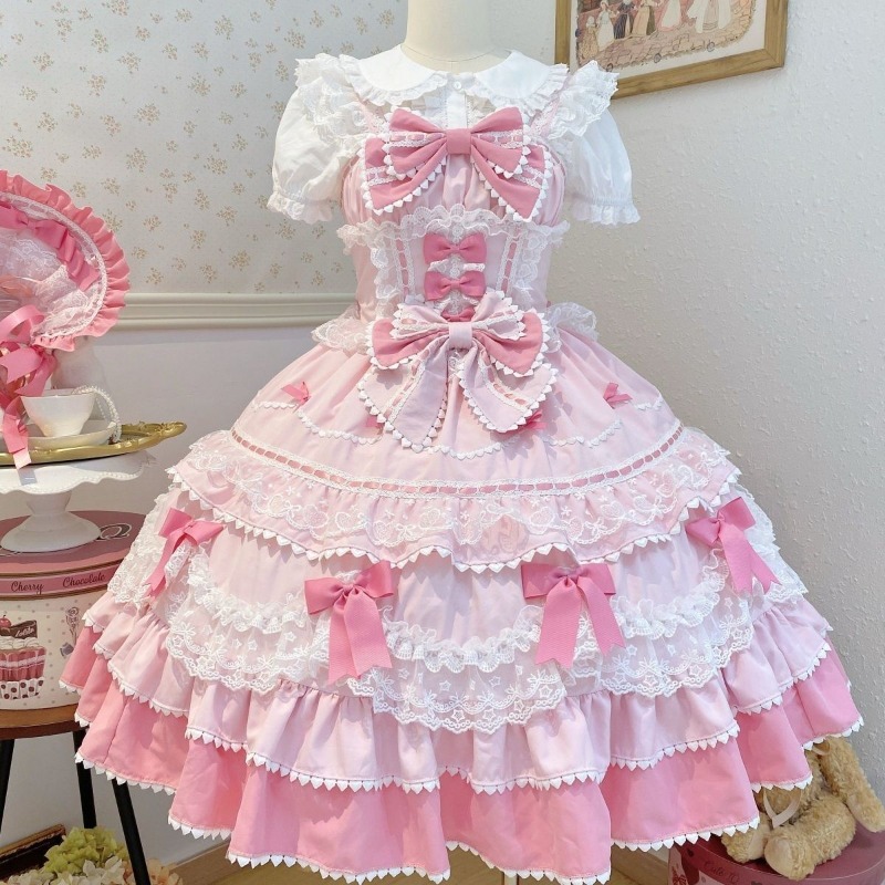 Robe Lolita douce pour femmes, couleur unie, avec volants, dentelle, nœud, patchwork, style princesse Kawaii, longueur genou, élégante, pour toutes les saisons, cosplay