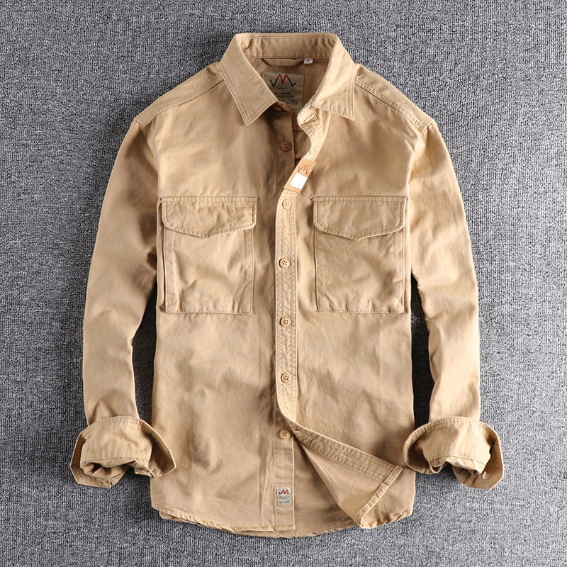 Chemise de travail pour hommes, kaki, lavage rétro, couleur unie, poche tridimensionnelle, tendance, veste ample, nouvelle collection automne 204