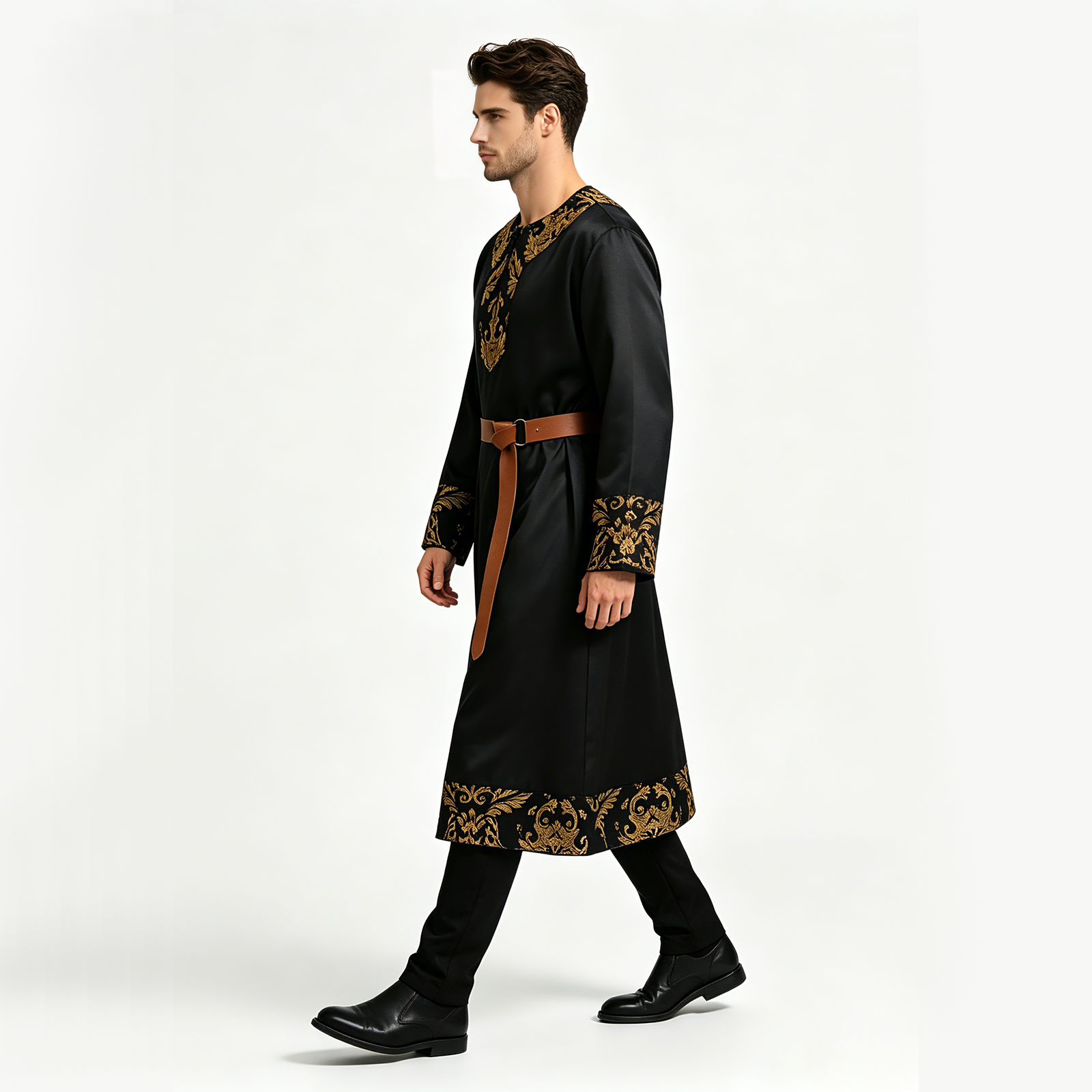 Tunique médiévale Renaissance pour homme, robe longue à manches longues avec ceinture, imprimé baroque doré vintage, costume de cosplay gothique rétro pour Halloween