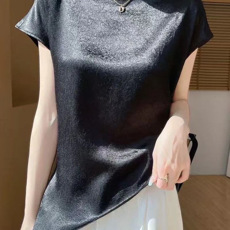 T-shirt en satin de soie de mûrier 100% pour femme, manches courtes, coupe ample, haut décontracté