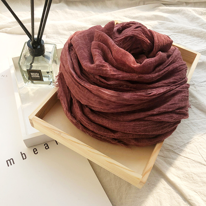 Écharpe Vintage en coton et lin froissé pour hommes et femmes, couleur unie, Pashmina chaud, bord frangé, châles et enveloppes doux, automne hiver