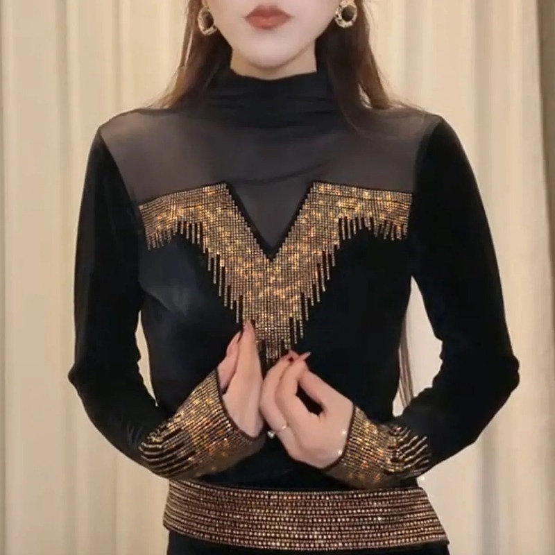 Vêtements pour femmes demi-col roulé velours épissage maille Sexy et polyvalent T-shirt couche de Base