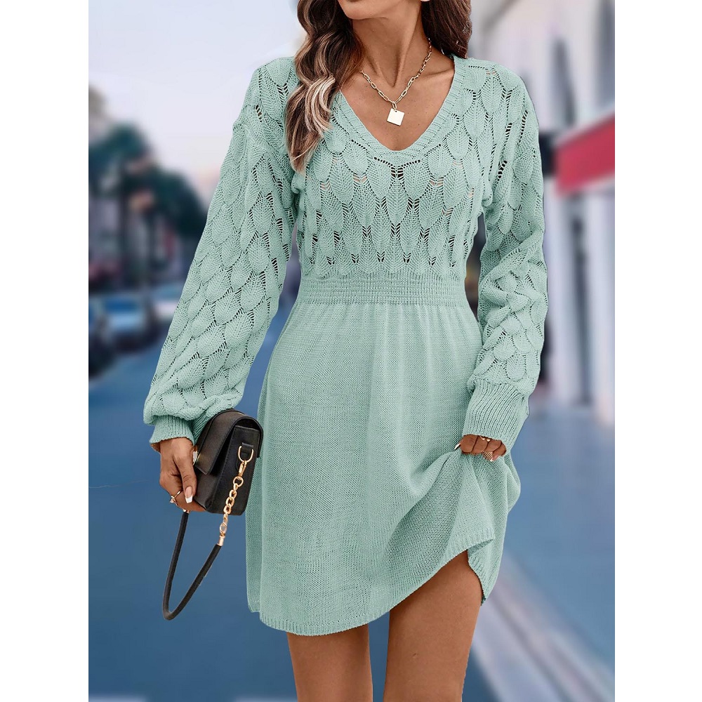 Femmes automne hiver pull robes col en v 3D Crochet tricoté longs pulls robe