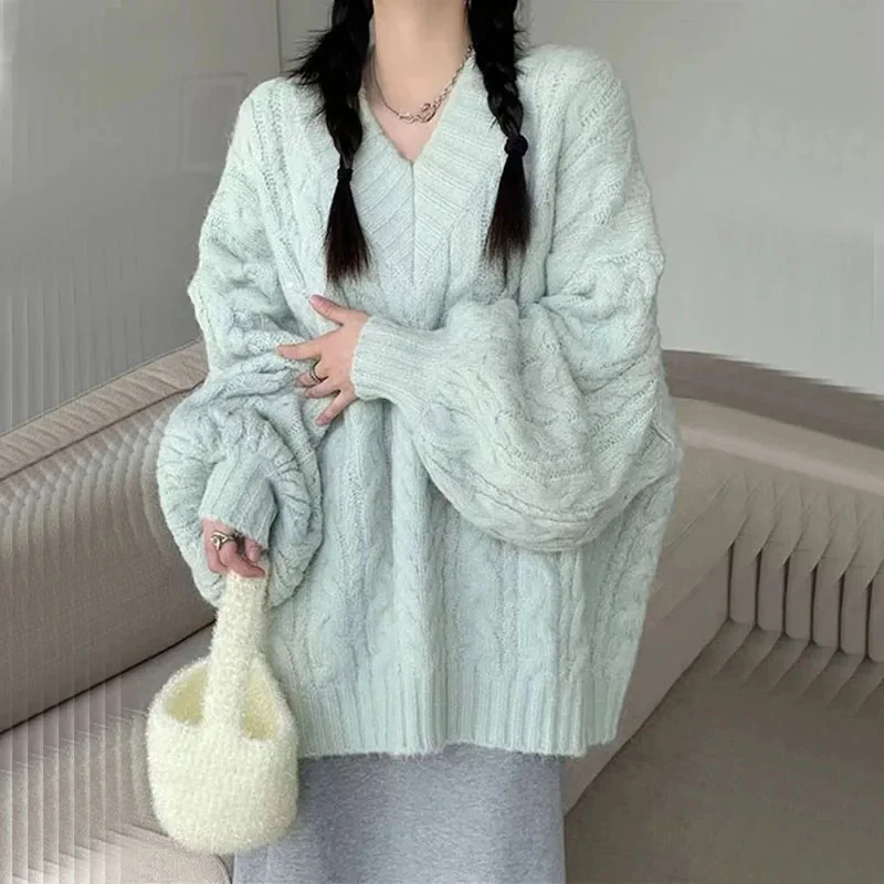 Fanan hiver femmes pull Harajuku surdimensionné tricoté pulls coréen à manches longues col en V tricots Preppy solide pull ample
