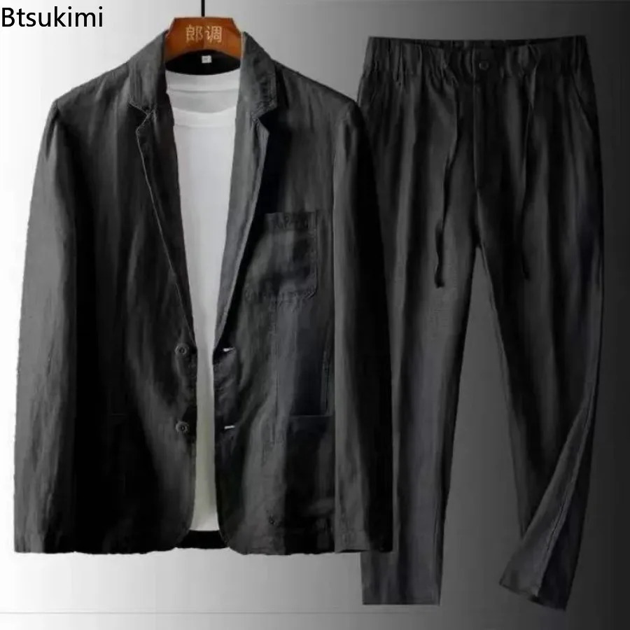 Ensemble décontracté homme printemps-été en coton et lin, deux pièces : veste blazer + pantalon, tenue décontractée et professionnelle, vêtement léger et respirant