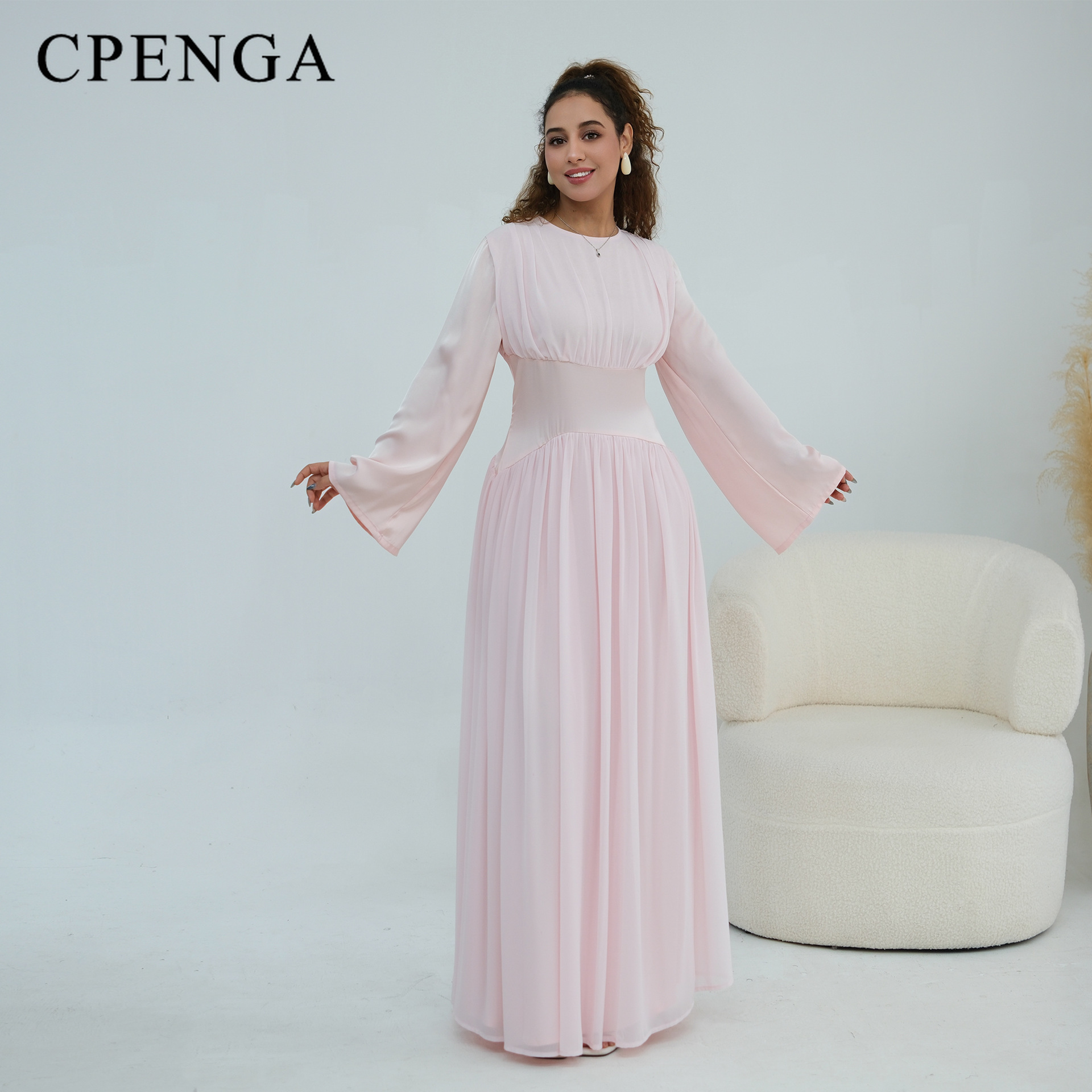 Abaya Kaftan de Luxe de Dubaï pour Femme, Robe de Soirée et de Mariage Modeste à 2 Couches en Mousseline Plissée à Manches Longues avec Corset et Taille Lacée