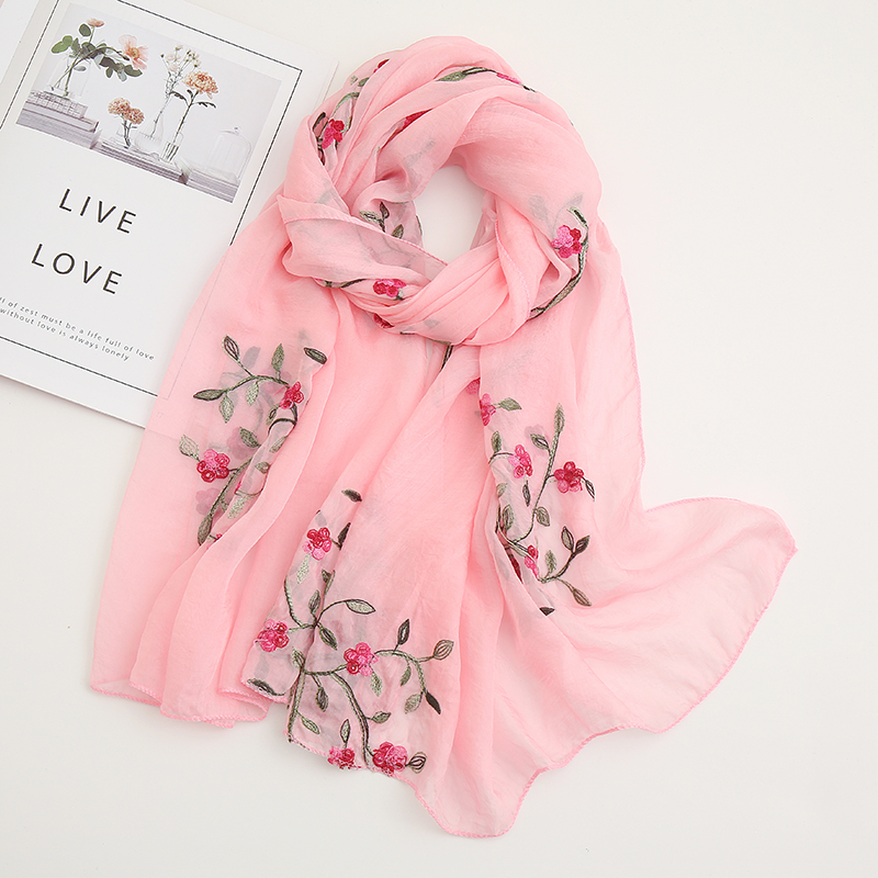 Châle en mousseline de soie brodé de fleurs pour femmes musulmanes, foulard Hijab, bandeau enveloppant doux, protection solaire fine d'été, 170x65cm