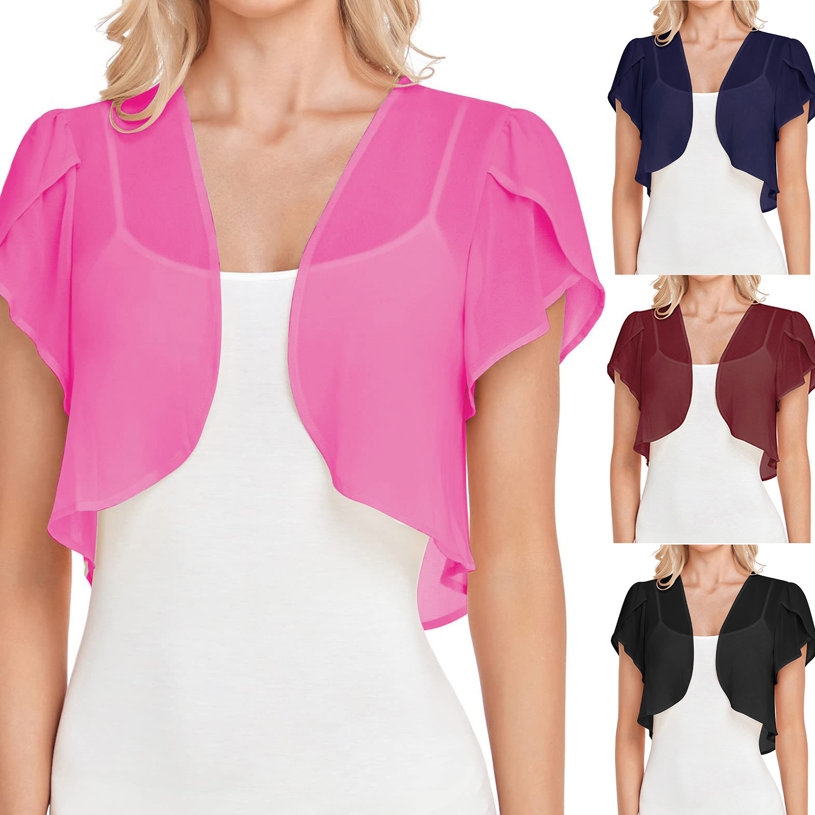 Boléro en mousseline rose pour femme, cardigan élégant à manches courtes et ouvert sur le devant pour l'été, léger et décontracté