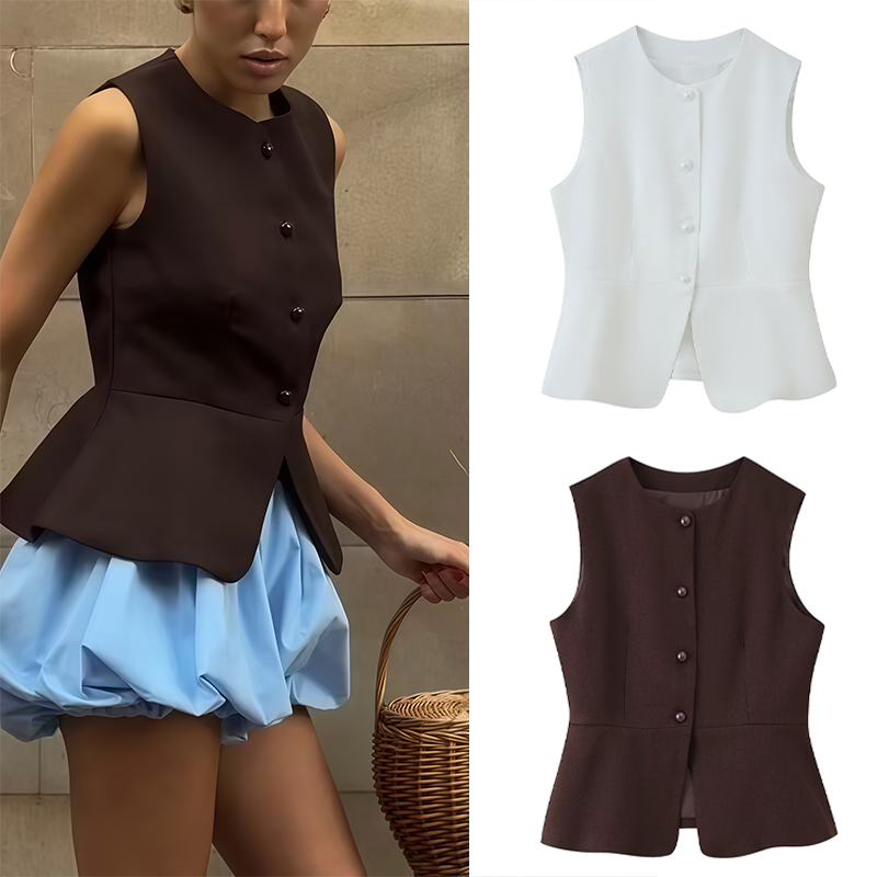 Nouveau Gilet Élégant Femme 2026 Col Rond Sans Manches Taille Cintrée Gilet Tendance Femme Tenue Formelle Superposée Trafizaran
