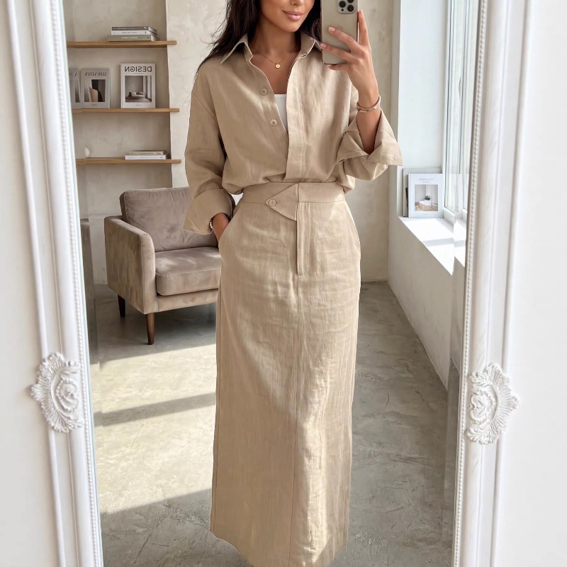 Ensemble élégant 2 pièces pour femme : chemise boutonnée oversize et jupe longue taille haute – Tenue décontractée chic pour le printemps
