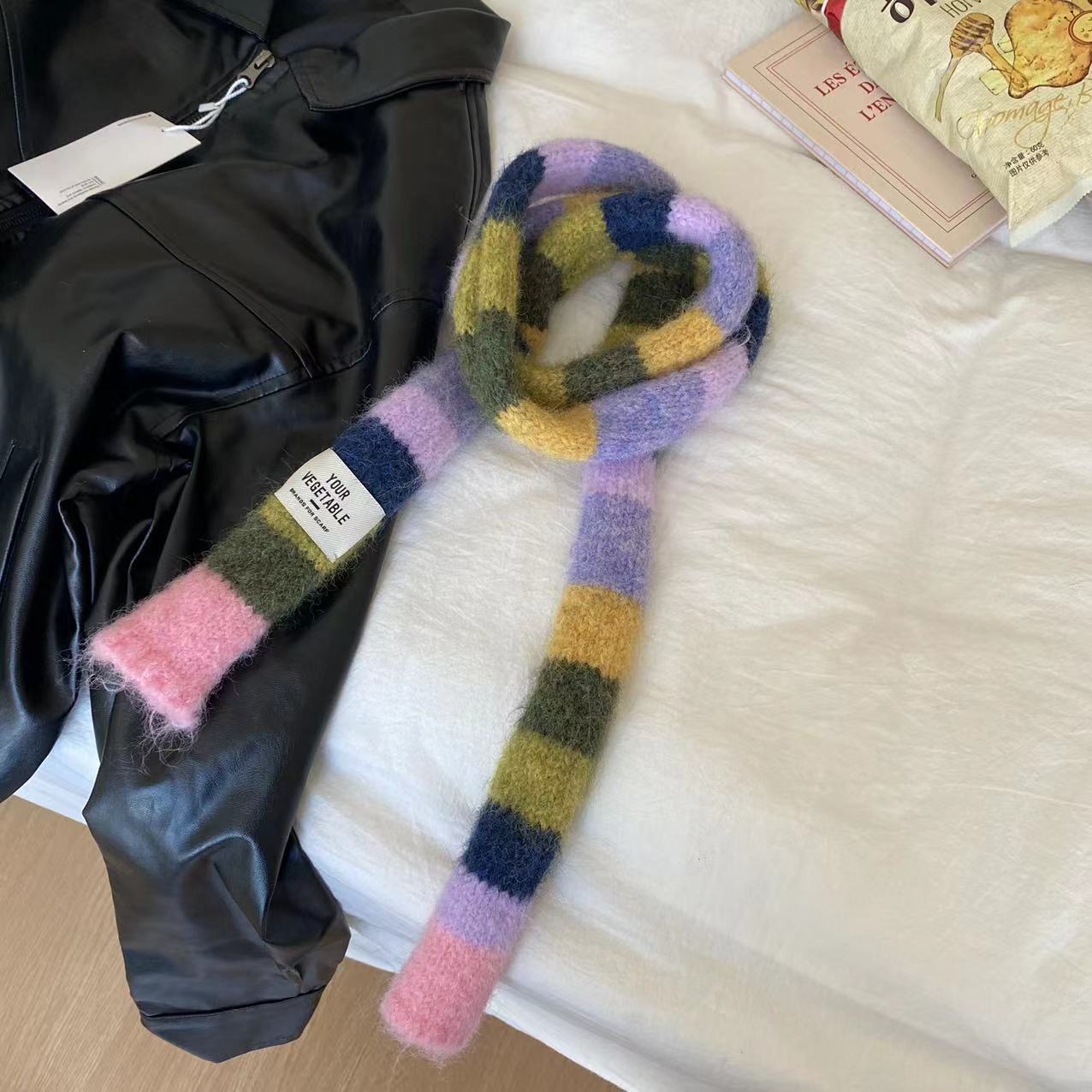 Écharpe fine rayée en laine pour femmes, écharpes chaudes, épissage de documents, longue durée, petit snood étroit, 2024
