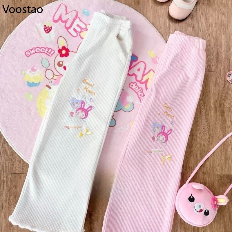 Pantalon en velours côtelé Style Lolita japonais Kawaii pour femmes, doux et mignon, broderie de dessin animé, pantalon décontracté, pantalon de survêtement de sous-culture Harajuku