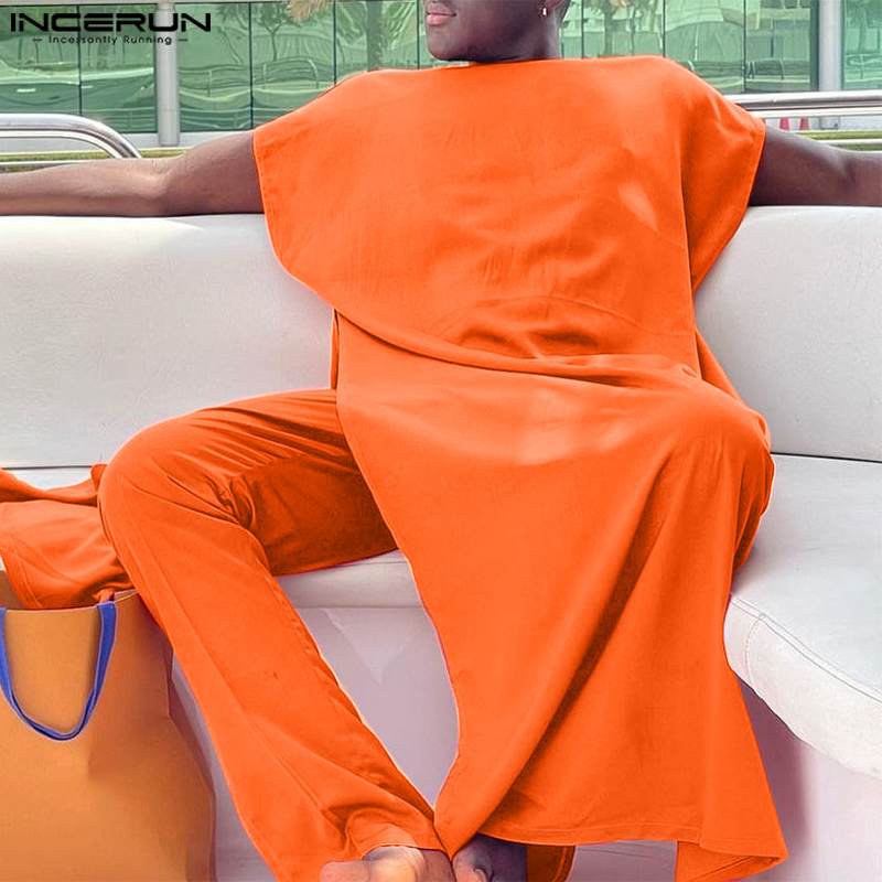 INCERUN hommes ensembles vêtements musulmans arabie saoudite solide col rond sans manches caftan Jubba Thobe & pantalon 2 pièces 2024 costumes pour hommes islamiques