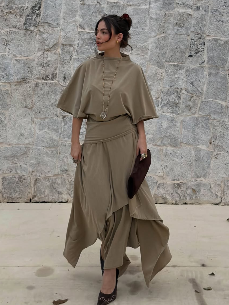 Ensembles Jupe et Haut Femme – Haut Manches Courtes Chauve-Souris Uni et Jupe Longue Irrégulière – Tenues Printemps Chic et Ajustées pour Dames – Nouveaux Vêtements de Club
