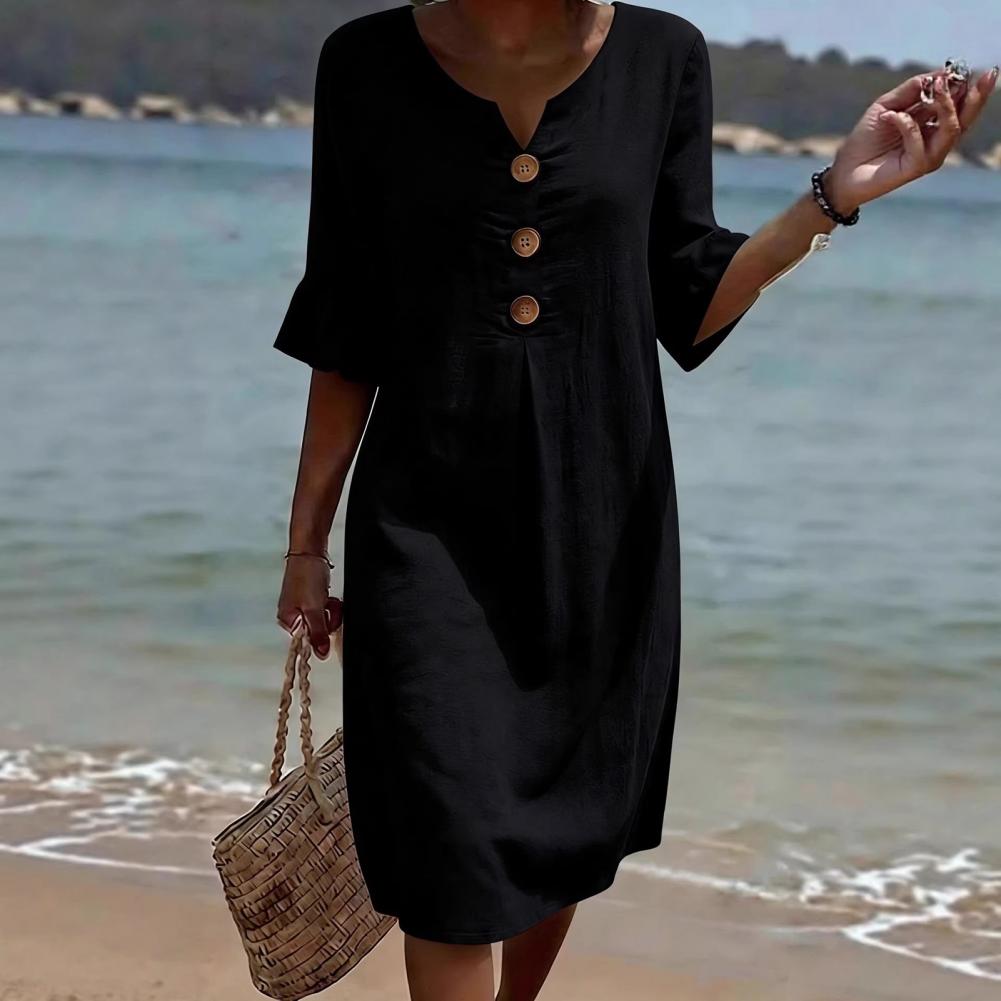 Robe d'été en coton et lin pour femme, robe sexy à col en V avec boutons, robe mi-longue à manches courtes à volants, robe de plage à col rond