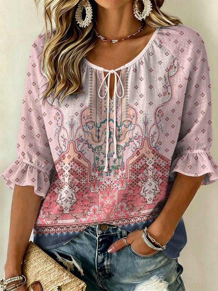 Chemisier pour femme violet brodé à motif cachemire avec col noué, hauts amples décontractés pour le printemps, l'été, le quotidien et les occasions de vacances