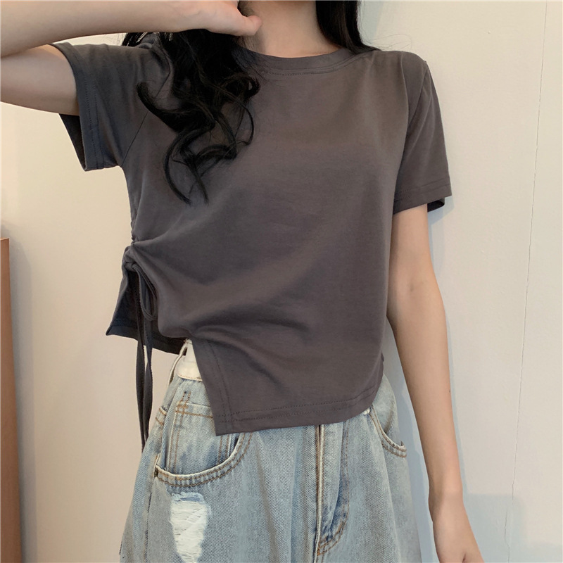 Fente pansement col en V Sexy haut court femmes coréen décontracté été nouveau T-shirt à manches courtes Y2K Streetwear haut tendance pour les femmes