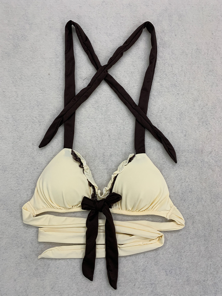 Ensemble bikini jupe beige d'été avec dentelle et nœud, style Y2K, mignon et tendance, pour la plage, la piscine, les vacances, maillot de bain féminin