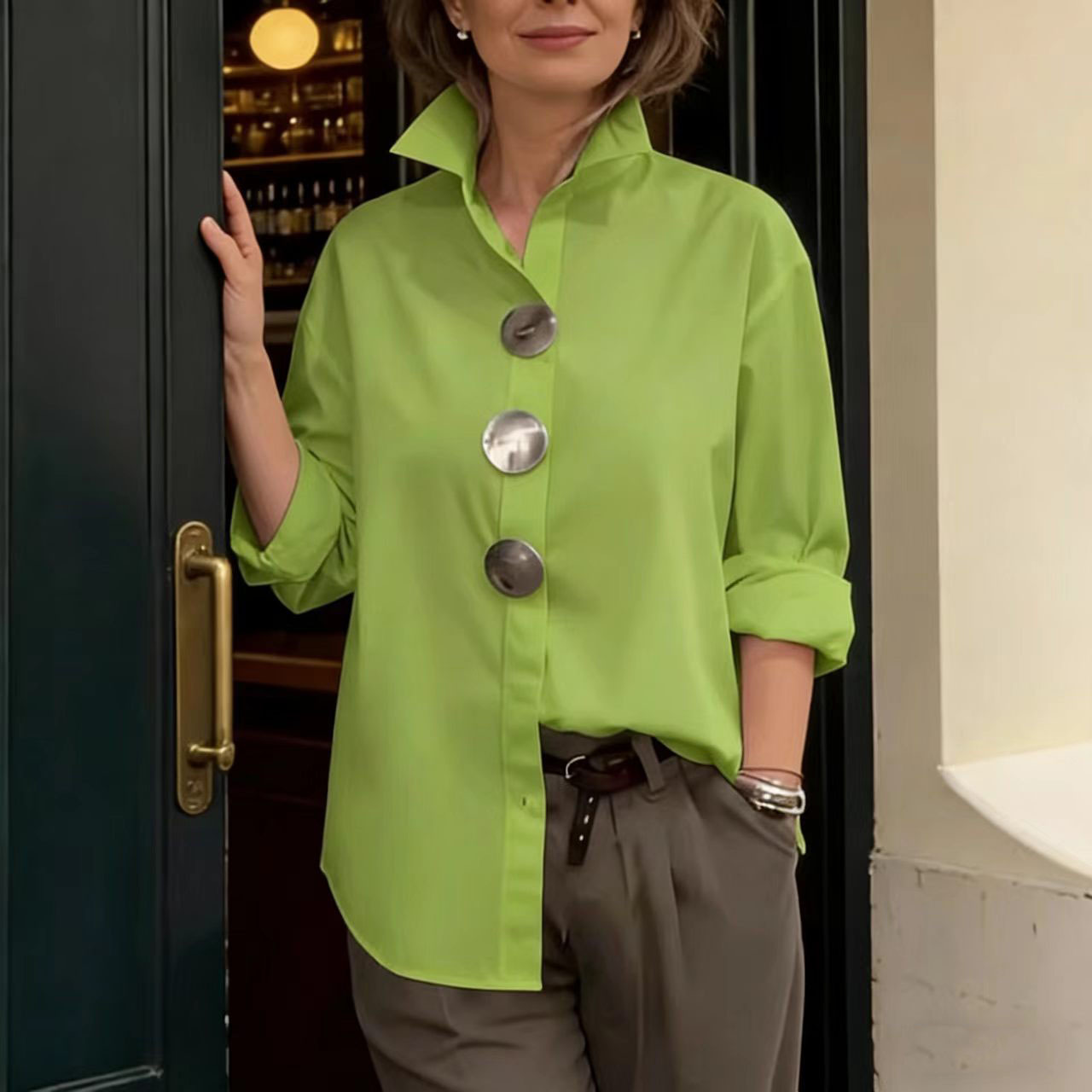 Chemisier Chic Femme à Trois Boutons Manches Longues Élégant Oversize Vintage Printemps Basique Col Haut pour Vacances