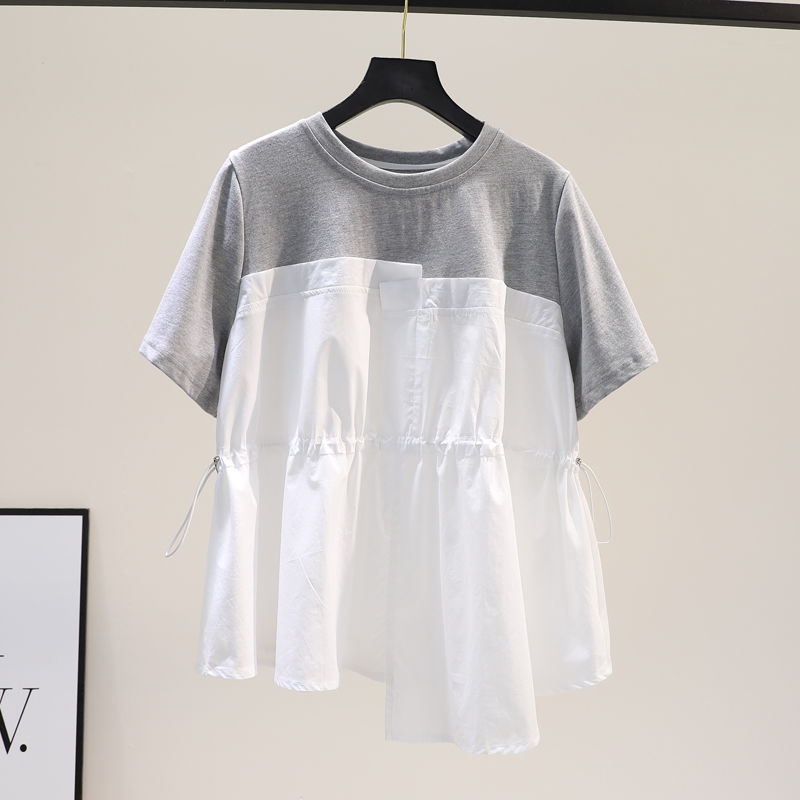Femmes vêtements contraste irrégulier Patchwork tendance hauts été nouveau à manches courtes cordon ample Vintage t-shirts mode décontracté