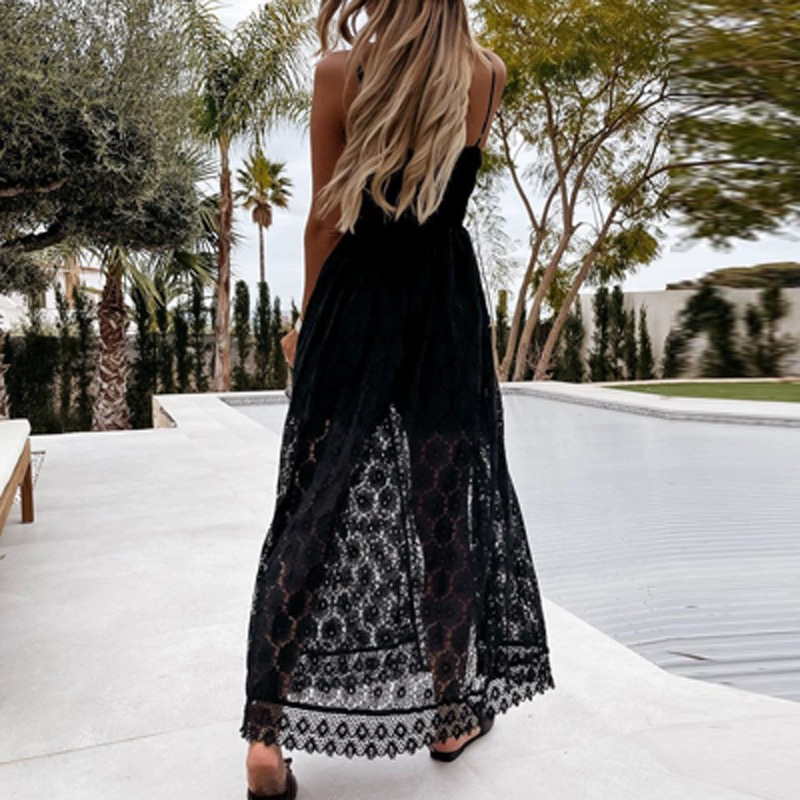 Robe longue bohème sans manches à col en V en dentelle avec pompons, dos nu, bretelles spaghetti, pour les vacances, décontractée, d'été, de plage, maxi, style combinaison pour femme