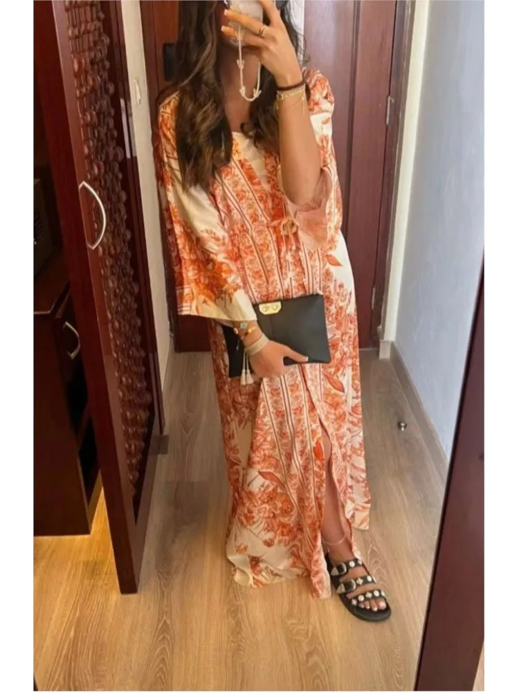 Printemps été nouveau Style de vêtements pour femmes Sexy col en v à manches courtes à la mode imprimé taille cintrée à lacets grande jupe robe