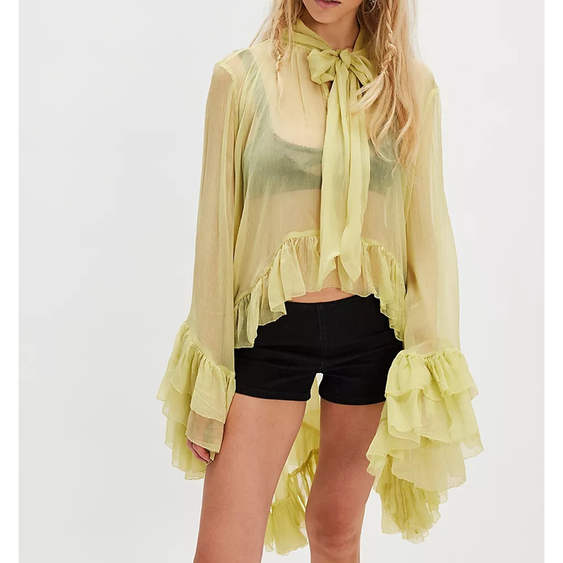 Chemisier cape pour femme à manches longues, transparent, sexy, avec volants et ourlet asymétrique, à nouer au cou